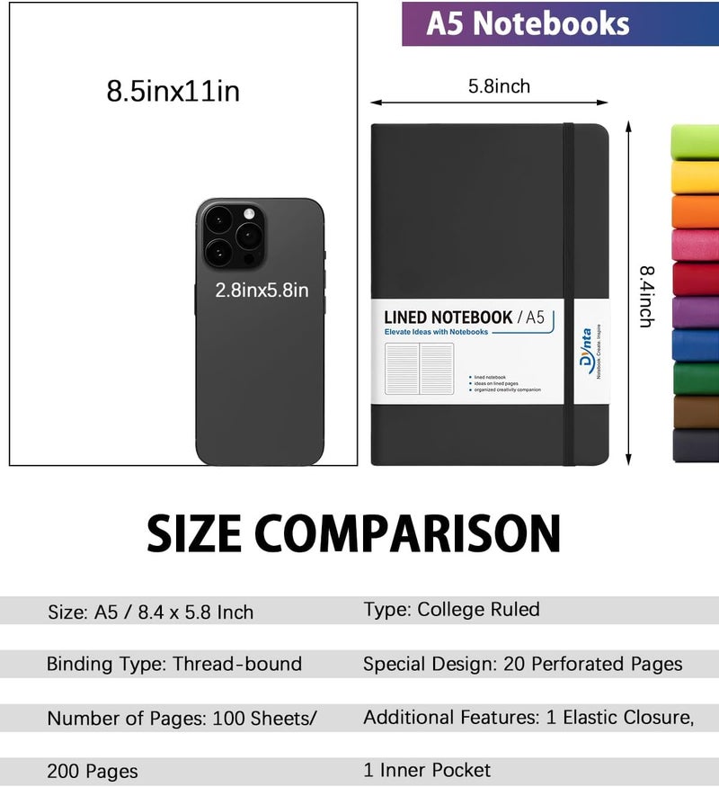 Dynta Hardcover Journal Notebooks, 10 Packs A5 Lined Journals Bulk for Writing 200 Pages/100Sheets, 8.4 x 5.8 inch, 10 Colors Classic Ruled Notebook for Work/Travel/College/Note Taking - Image 2